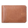 Brown men's leather wallet with RFID protection showing card slots and compact 11cm design