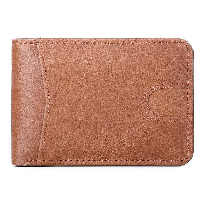 Brown men's leather wallet with RFID protection showing card slots and compact 11cm design