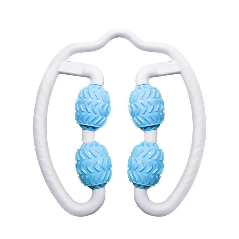 Purple silicone annular leg massage roller with 35cm diameter on white background