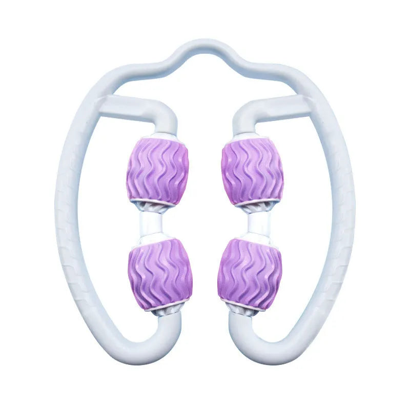 Purple silicone annular leg massage roller with 35cm diameter on white background