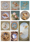 Pack of 11 decorative sheets with European angel mural character stickers in sizes from 4cm to 9cm.