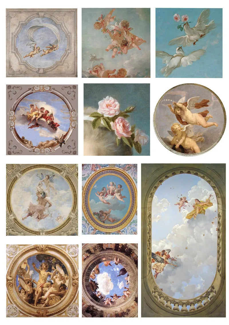 Pack of 11 decorative sheets with European angel mural character stickers in sizes from 4cm to 9cm.