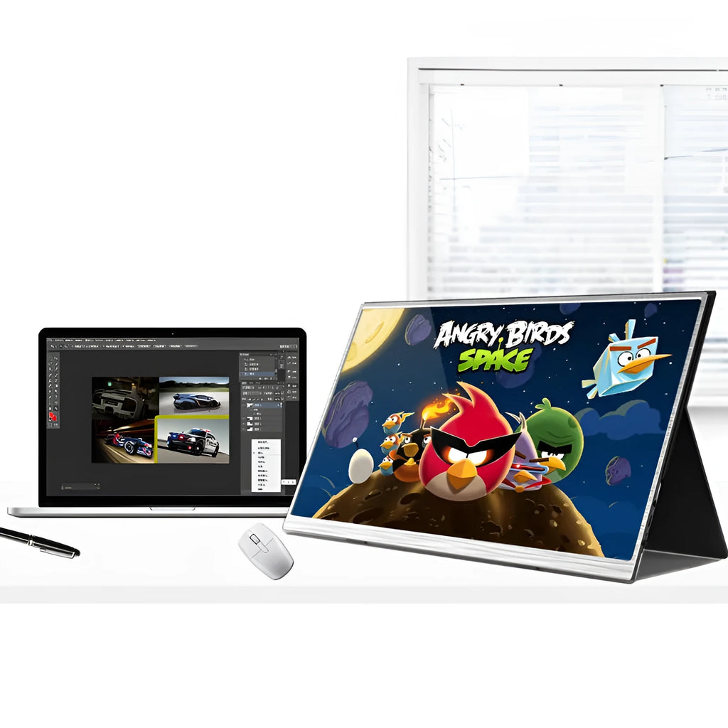 Zeuslap 15-inch ultra-thin portable IPS monitor with HDMI cable on a desk