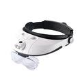 Black adjustable headband magnifier with 5 acrylic lenses and 2 white LED lights on the front.