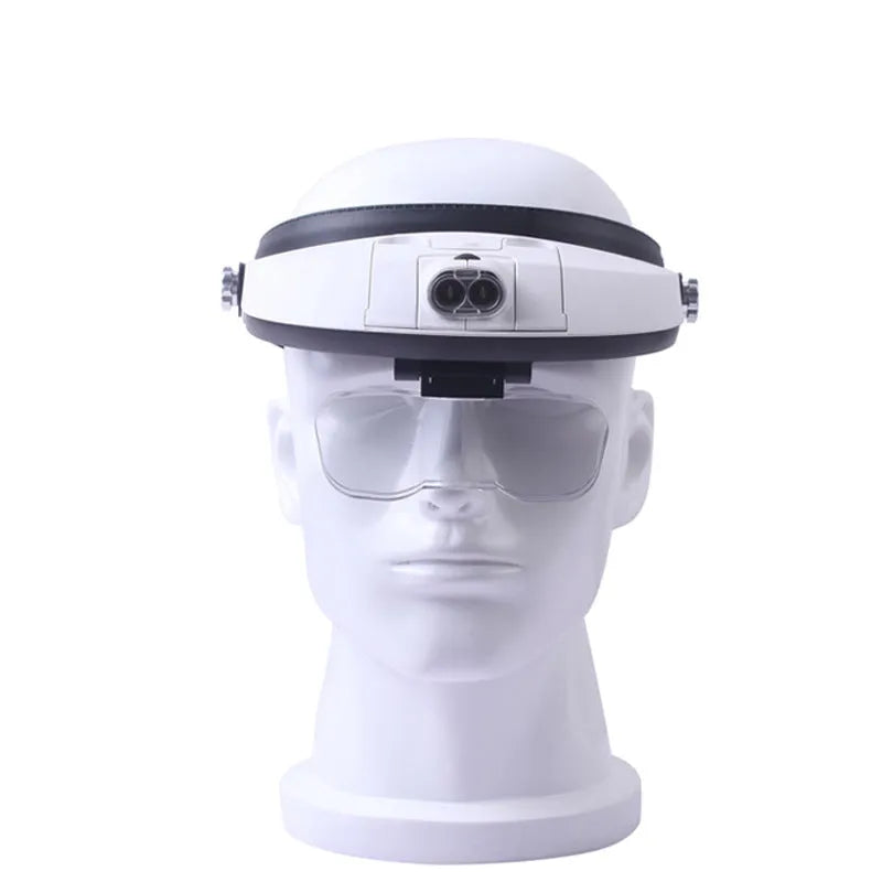 Black adjustable headband magnifier with 5 acrylic lenses and 2 white LED lights on the front.