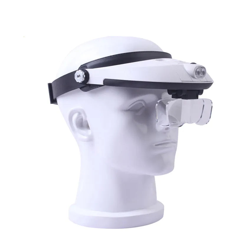 Black adjustable headband magnifier with 5 acrylic lenses and 2 white LED lights on the front.