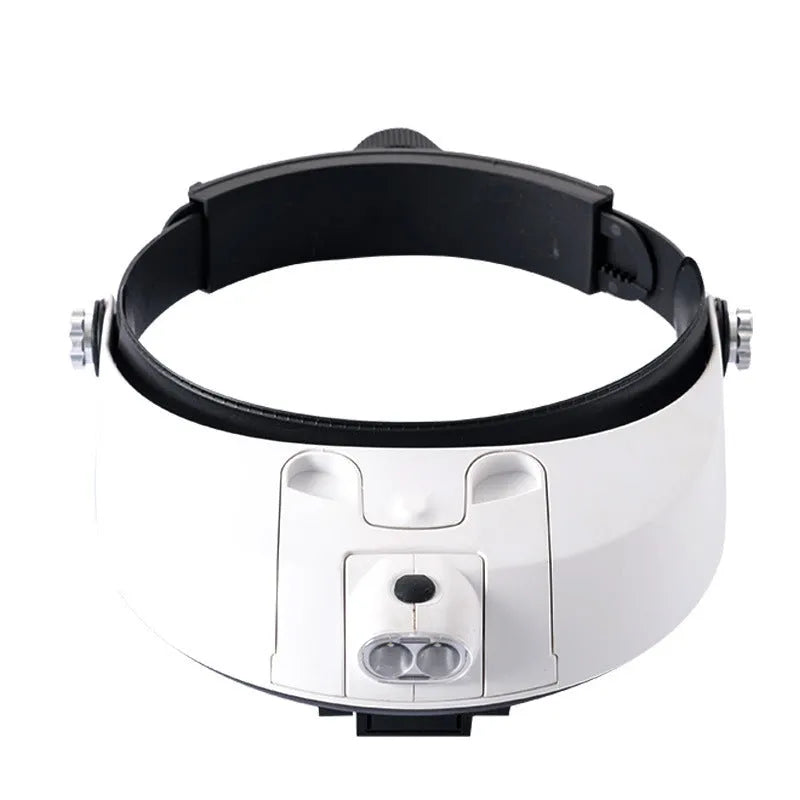 Black adjustable headband magnifier with 5 acrylic lenses and 2 white LED lights on the front.