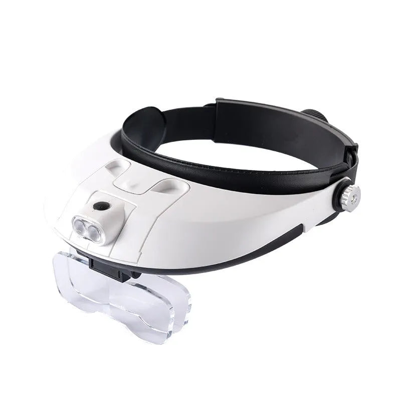 Black adjustable headband magnifier with 5 acrylic lenses and 2 white LED lights on the front.