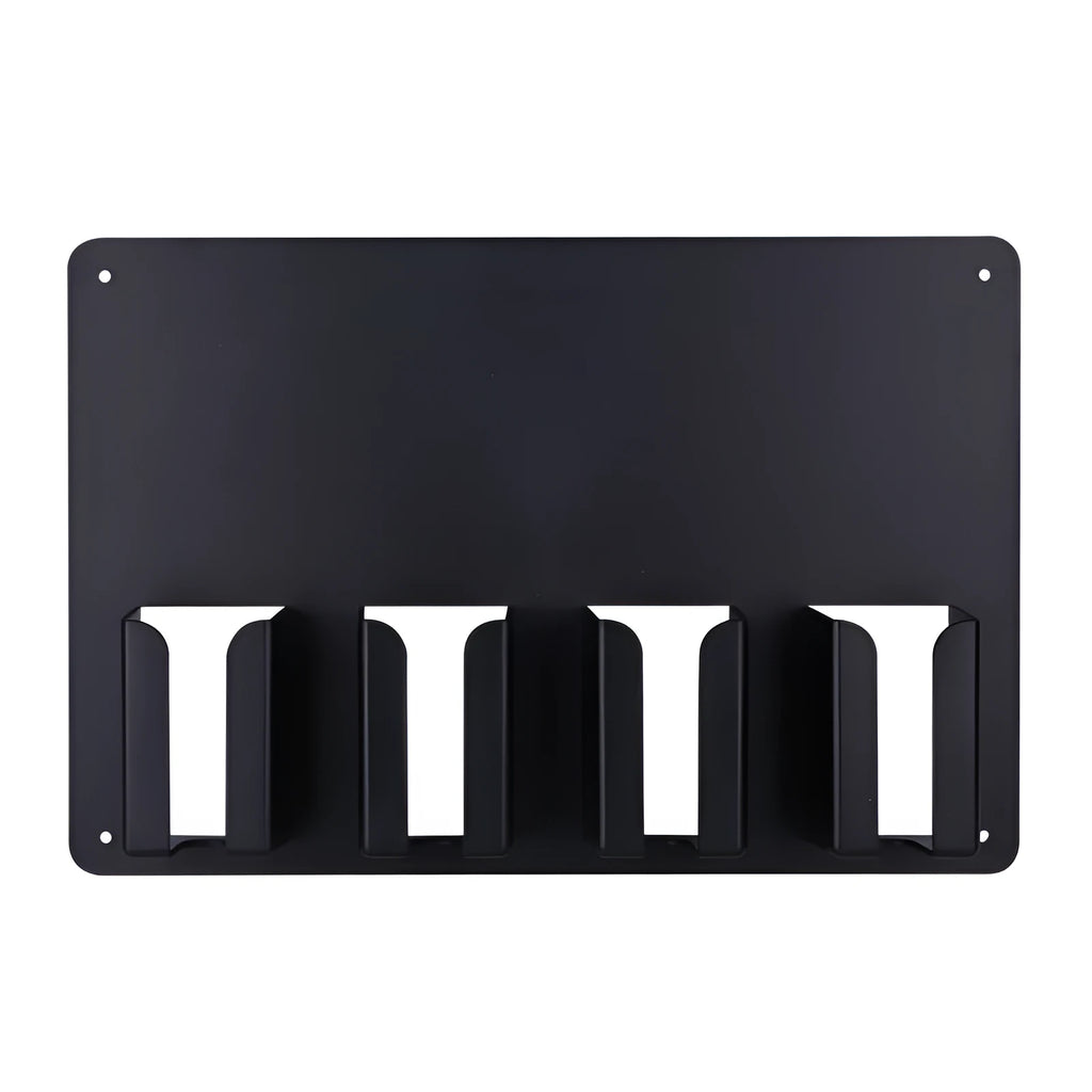 Black plastic wall-mounted rack holding four hair clippers with space for brushes and combs.