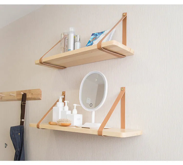 Nordic style pine wood wall storage rack 50cm wide mounted on wall holding remote controls and books
