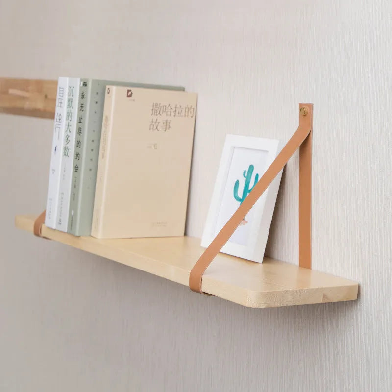 Nordic style pine wood wall storage rack 50cm wide mounted on wall holding remote controls and books