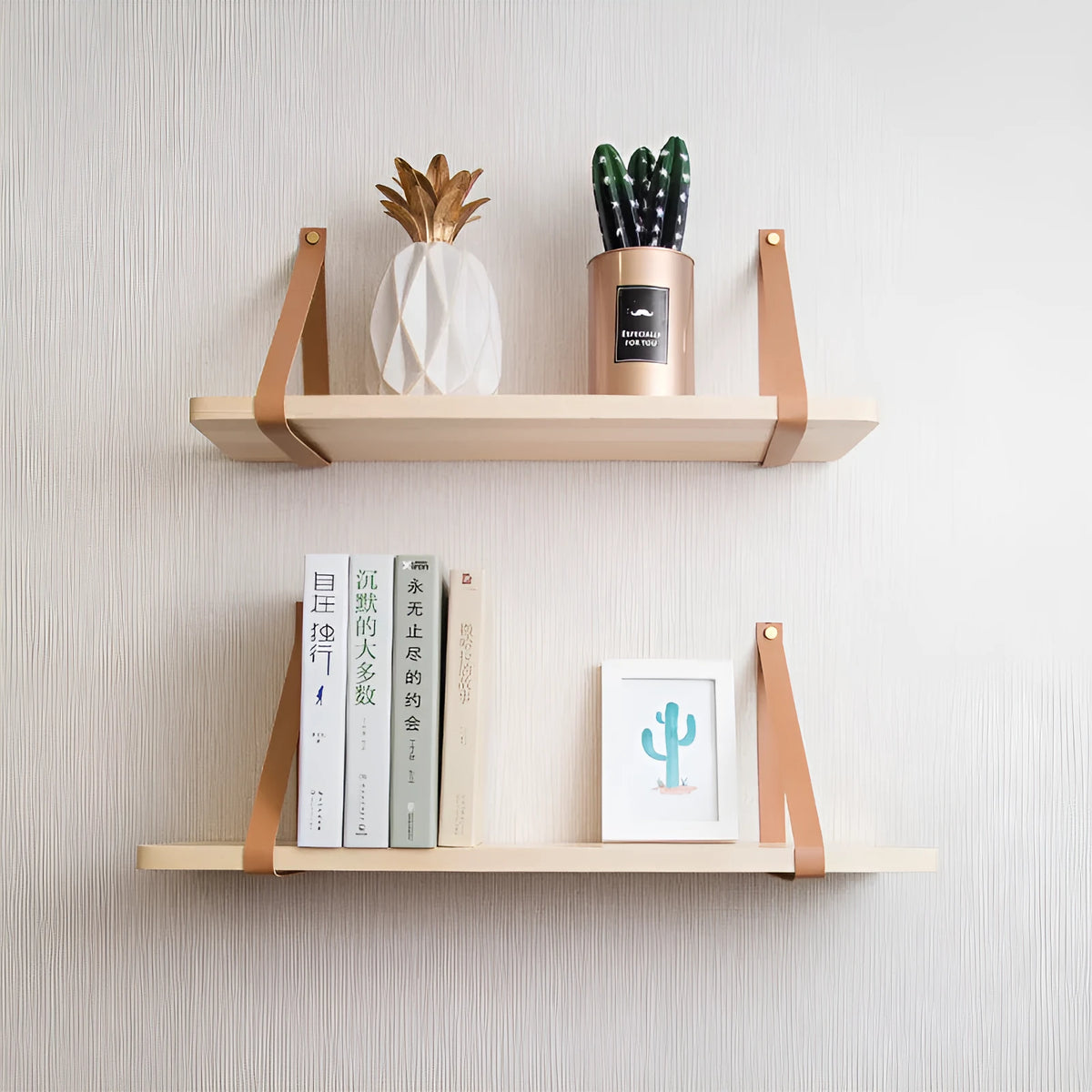 Nordic style pine wood wall storage rack 50cm wide mounted on wall holding remote controls and books