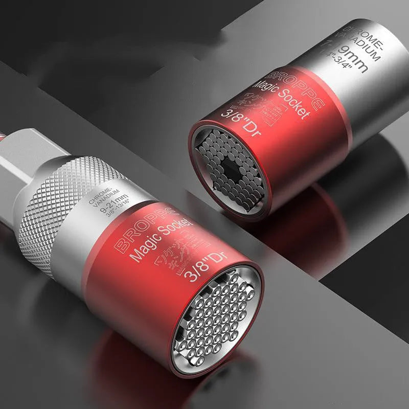 Red multi-function socket set with 7-19mm and 9-21mm universal sleeves for electric screwdrivers