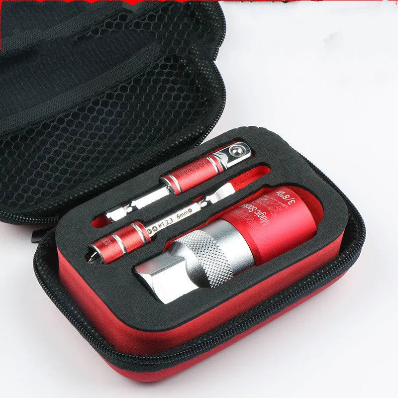 Red multi-function socket set with 7-19mm and 9-21mm universal sleeves for electric screwdrivers