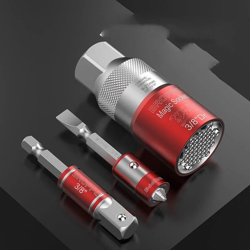 Red multi-function socket set with 7-19mm and 9-21mm universal sleeves for electric screwdrivers