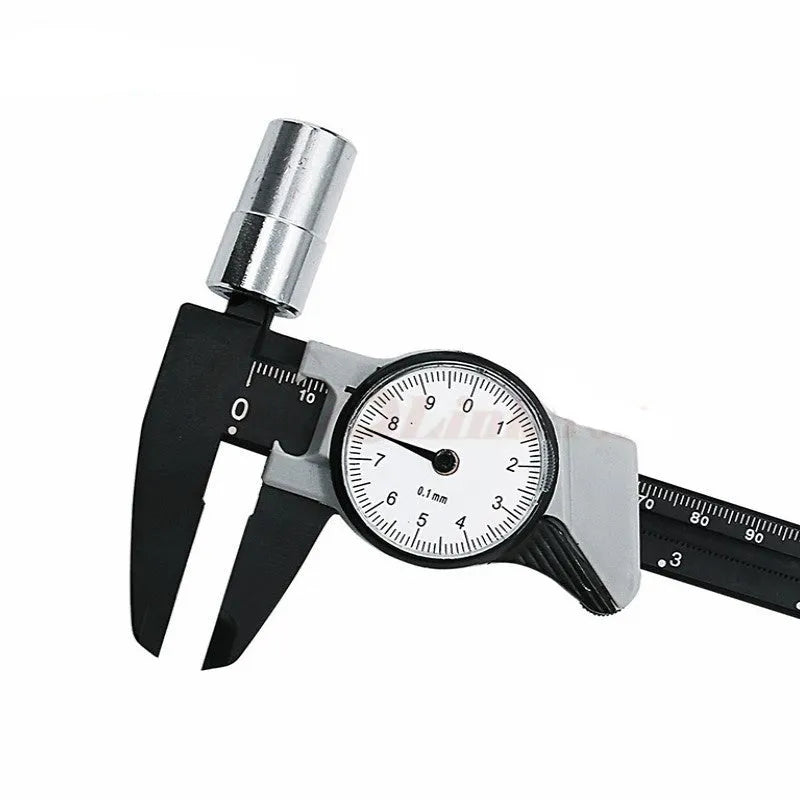 Black and white plastic vernier caliper with stainless steel jaws showing 150mm scale.