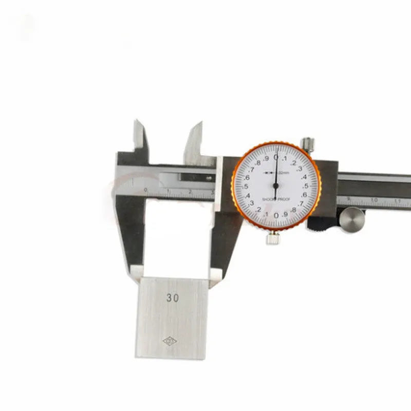 Black and white plastic vernier caliper with stainless steel jaws showing 150mm scale.