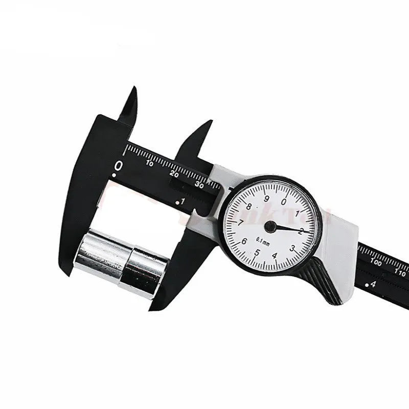 Black and white plastic vernier caliper with stainless steel jaws showing 150mm scale.