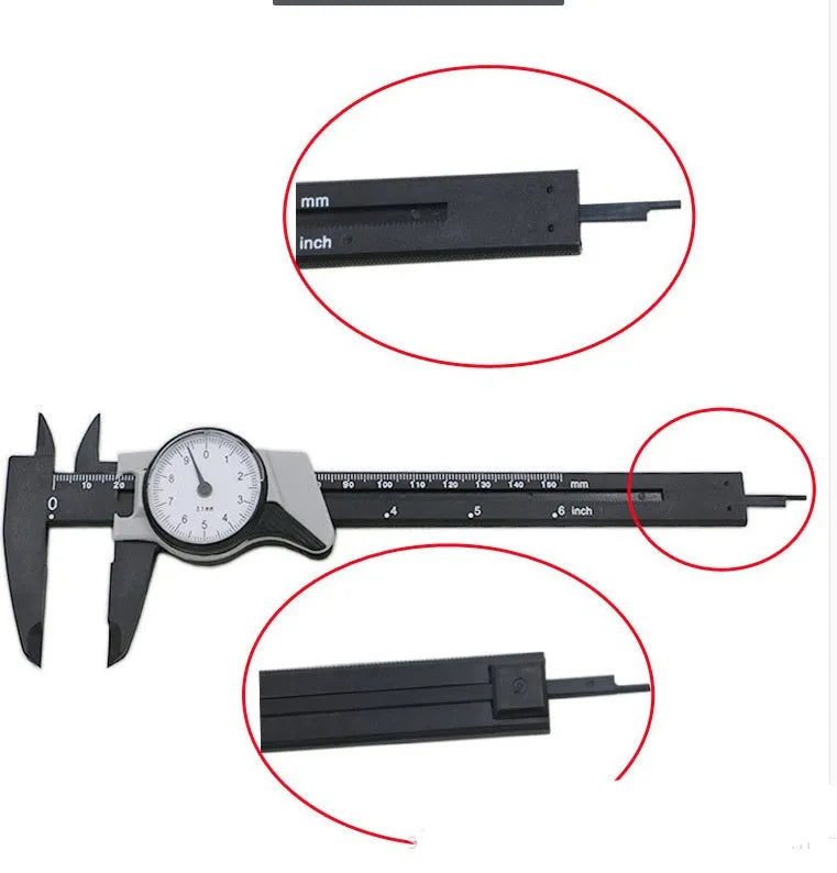Black and white plastic vernier caliper with stainless steel jaws showing 150mm scale.
