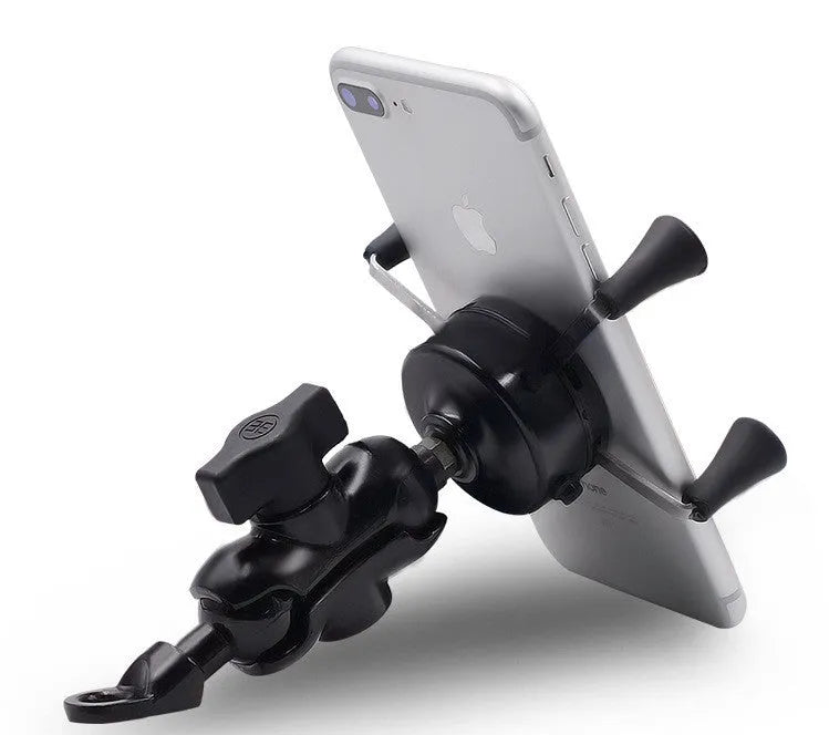 Black aluminium alloy motorcycle phone mounting bracket attached to a bicycle handlebar, showing phone clamp.
