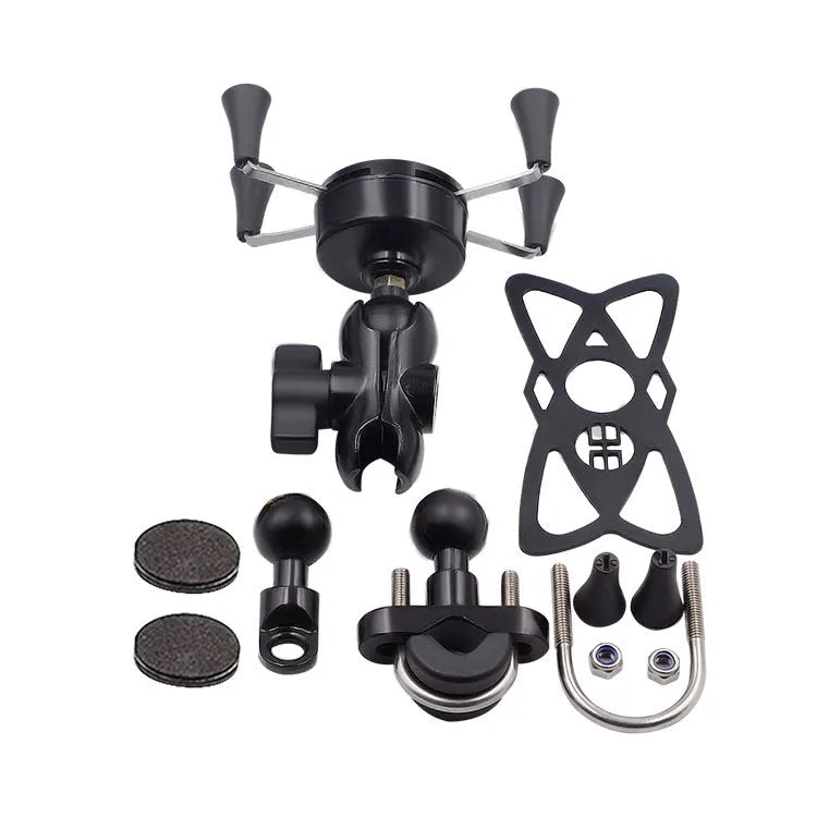 Black aluminium alloy motorcycle phone mounting bracket attached to a bicycle handlebar, showing phone clamp.