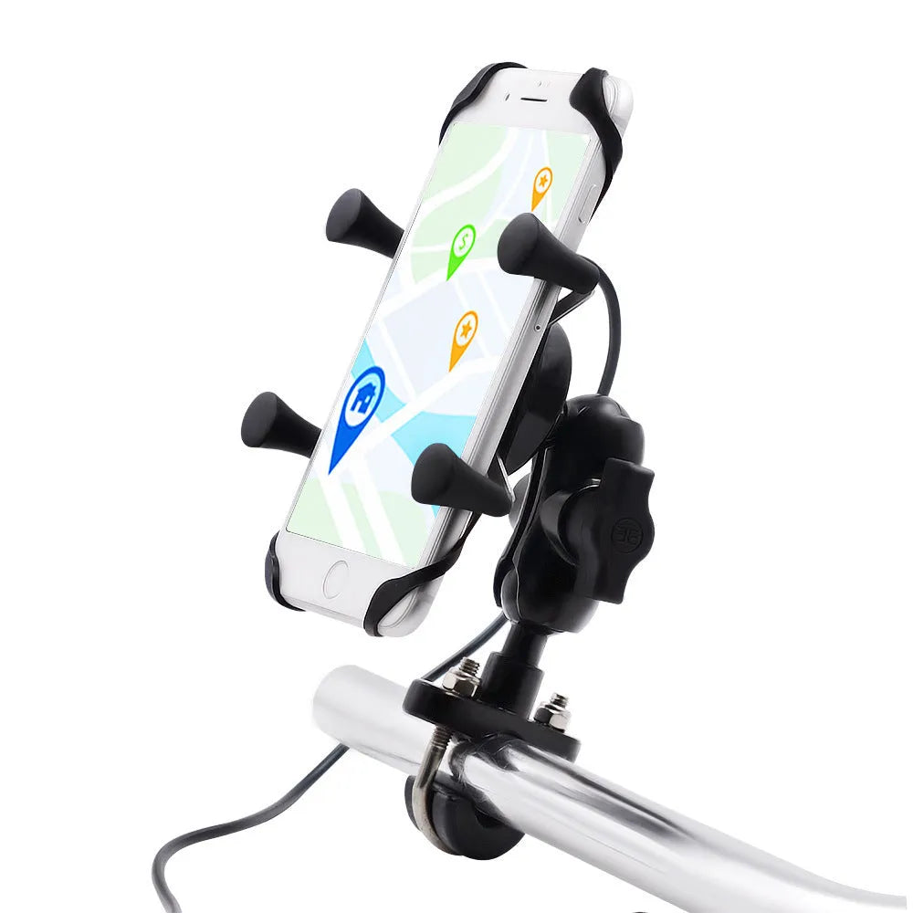 Black aluminium alloy motorcycle phone mounting bracket attached to a bicycle handlebar, showing phone clamp.