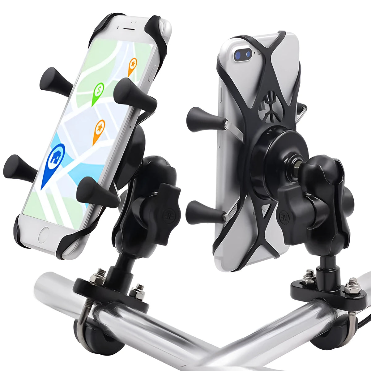 Black aluminium alloy motorcycle phone mounting bracket attached to a bicycle handlebar, showing phone clamp.