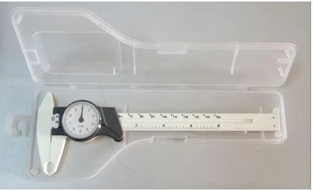 Black and white plastic vernier caliper with stainless steel jaws showing 150mm scale.