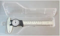 Black and white plastic vernier caliper with stainless steel jaws showing 150mm scale.