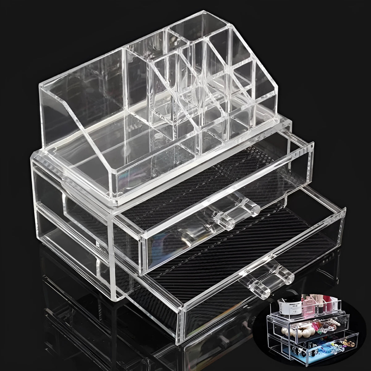 Clear acrylic foldable makeup storage container organiser with transparent design