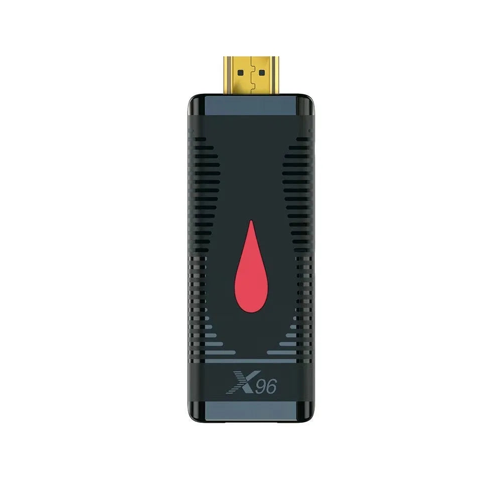 Smart network TV set-top box dongle with remote control, power supply, and HDMI cable on a white background.