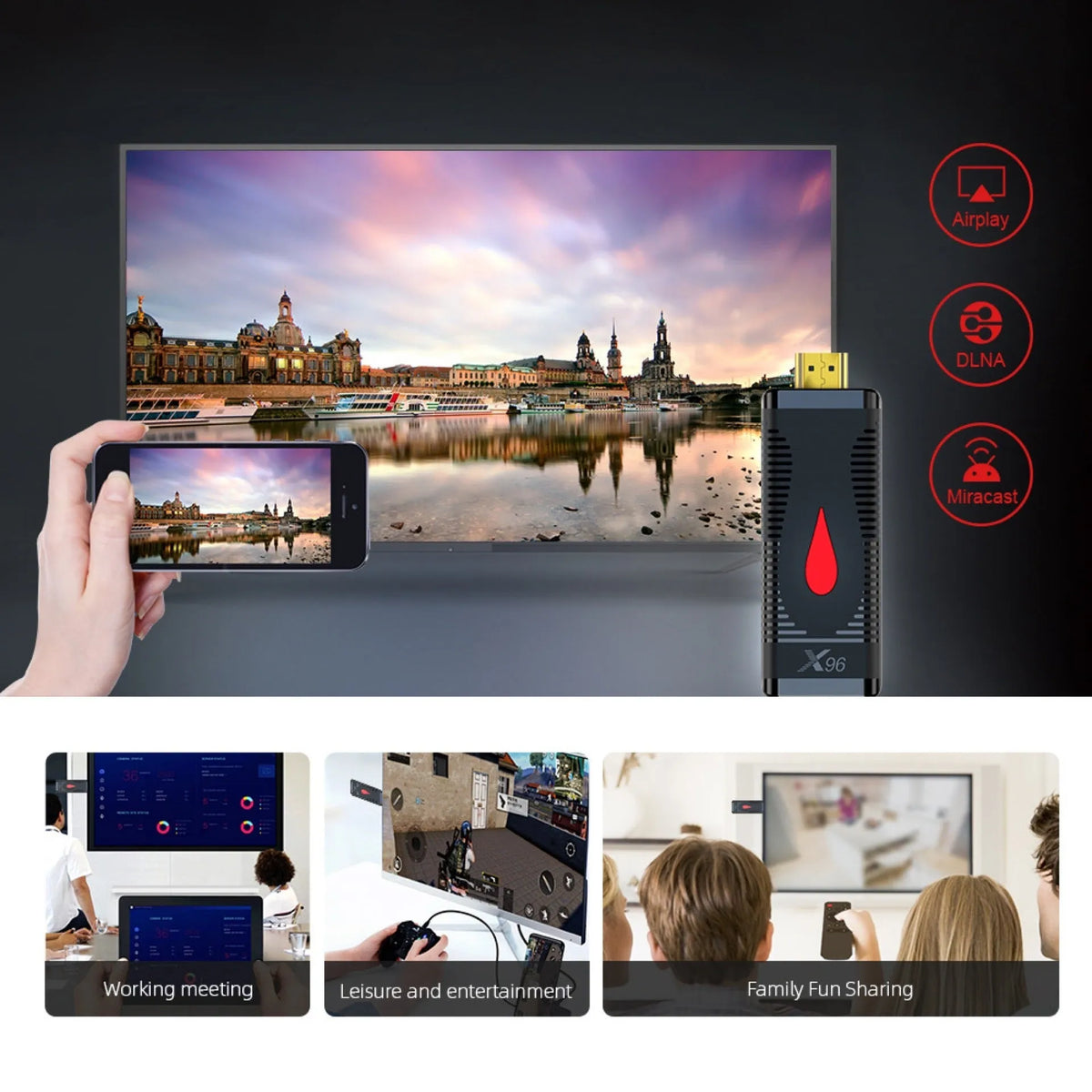 Smart network TV set-top box dongle with remote control, power supply, and HDMI cable on a white background.