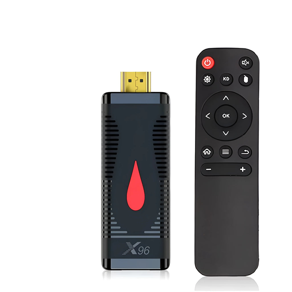 Smart network TV set-top box dongle with remote control, power supply, and HDMI cable on a white background.