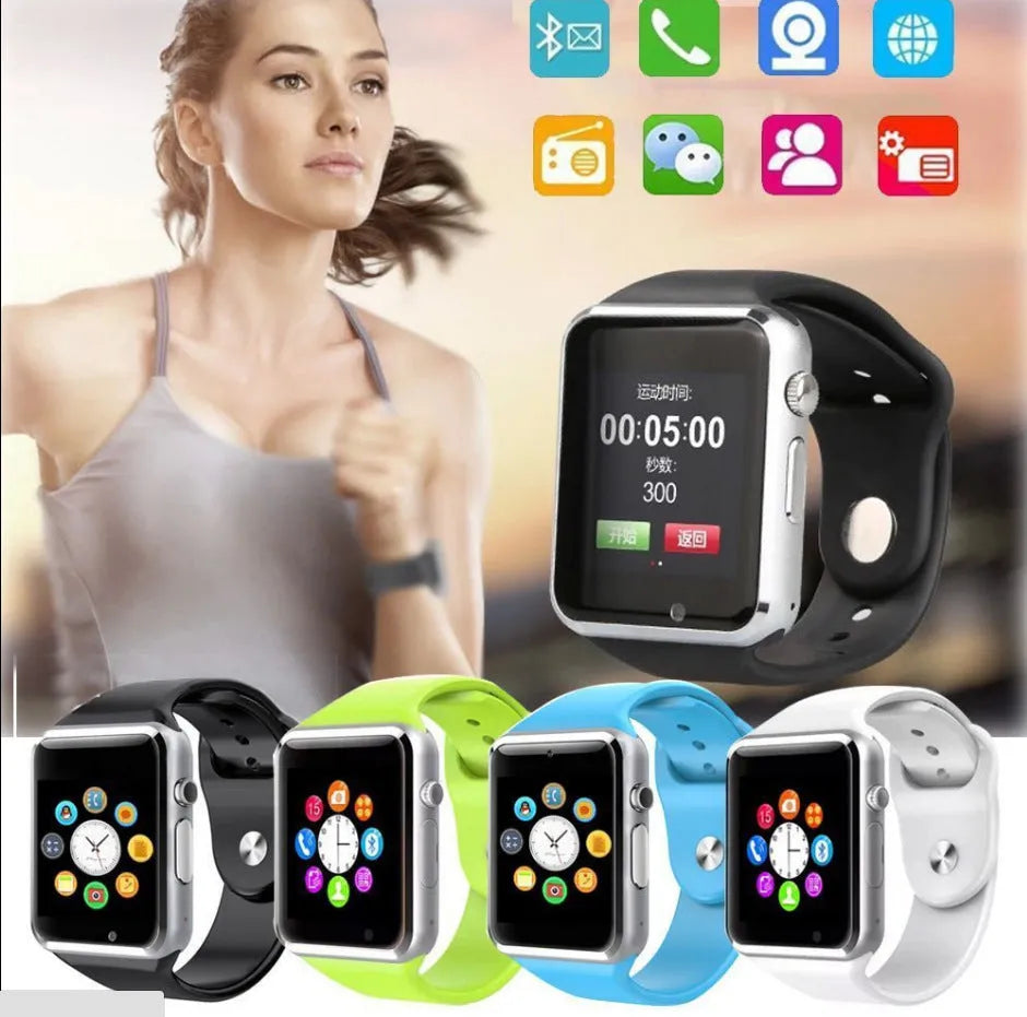 A1 Smart Watch with 1.54-inch screen showing interface, available in black silver white gold pink red green blue colour options