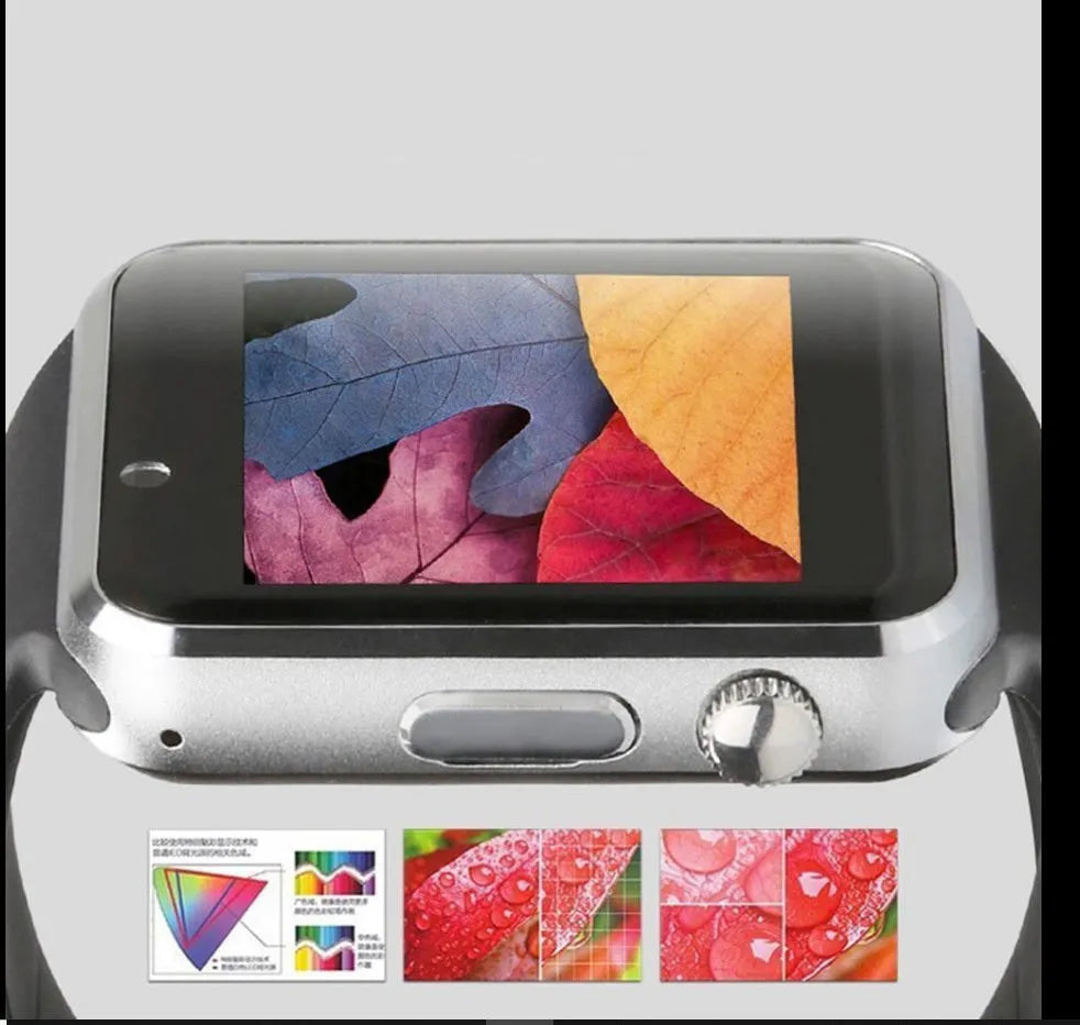 A1 Smart Watch with 1.54-inch screen showing interface, available in black silver white gold pink red green blue colour options