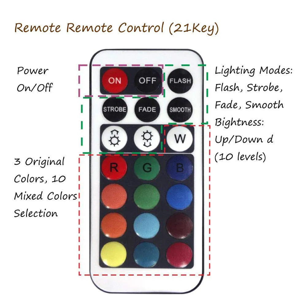 White IP68 waterproof LED diving light with remote control for pools and gardens.