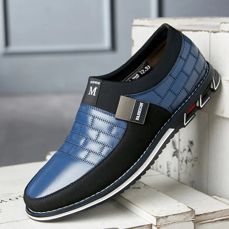 Men's large size leather casual loafers in blue colour showing low-top design