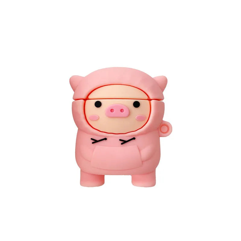 Pink silicone AirPods case with cartoon hoodie pig design, showing flip opening and attachment hook