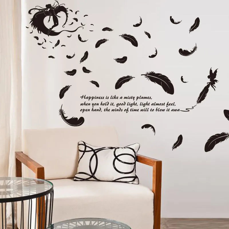 Black three-generation angel feather removable wall sticker measuring 50 by 70 centimetres.