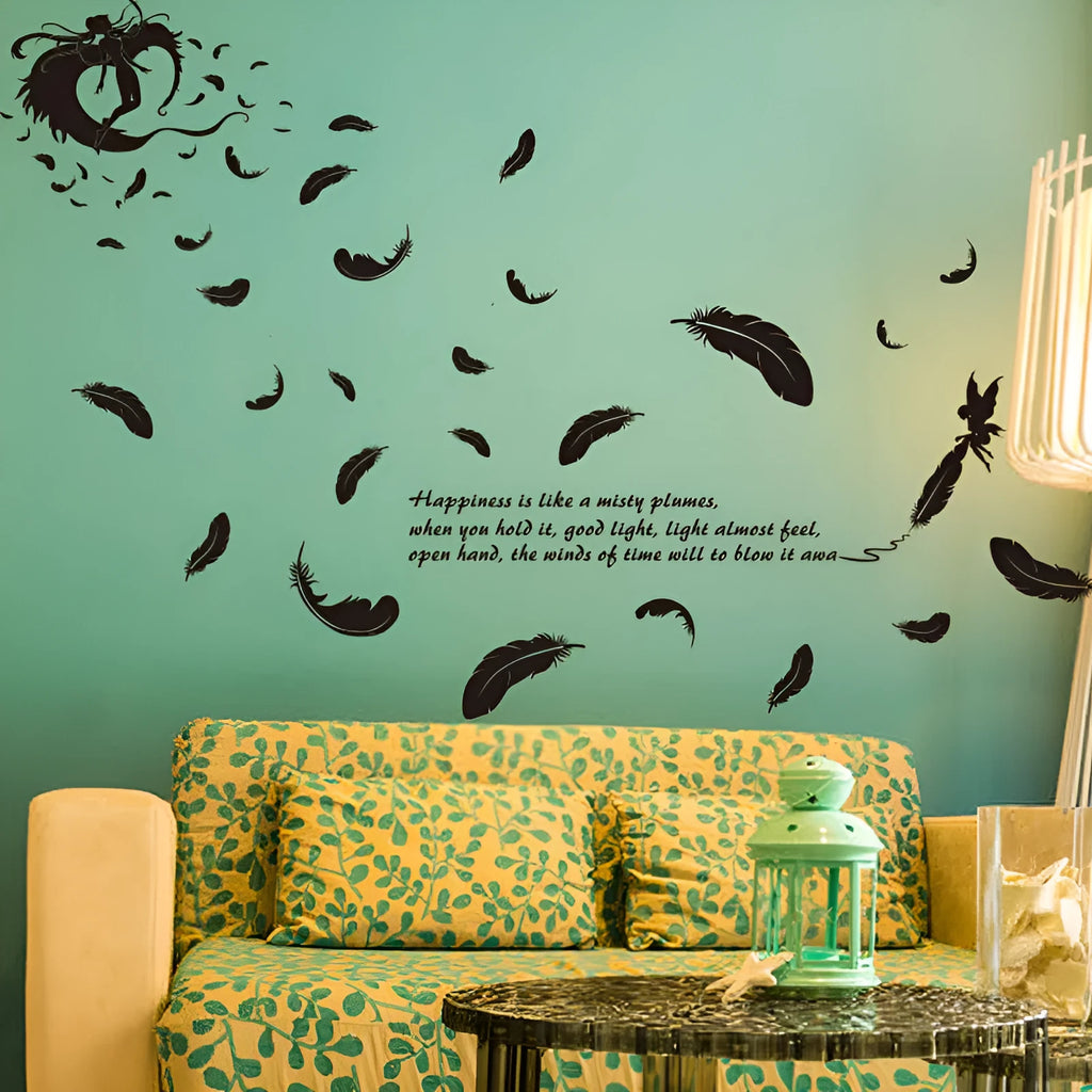 Black three-generation angel feather removable wall sticker measuring 50 by 70 centimetres.