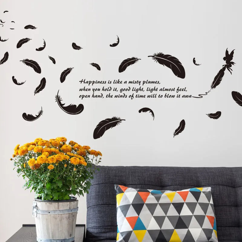 Black three-generation angel feather removable wall sticker measuring 50 by 70 centimetres.