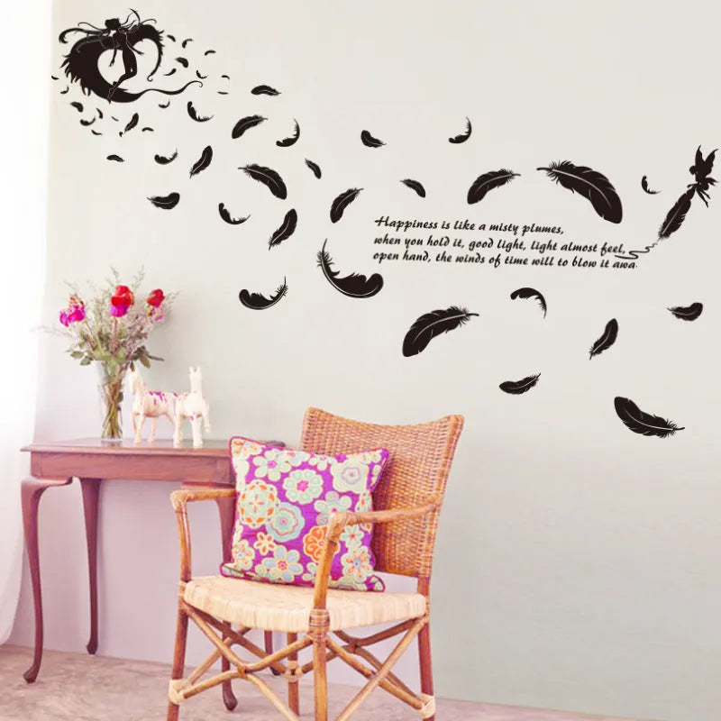 Black three-generation angel feather removable wall sticker measuring 50 by 70 centimetres.