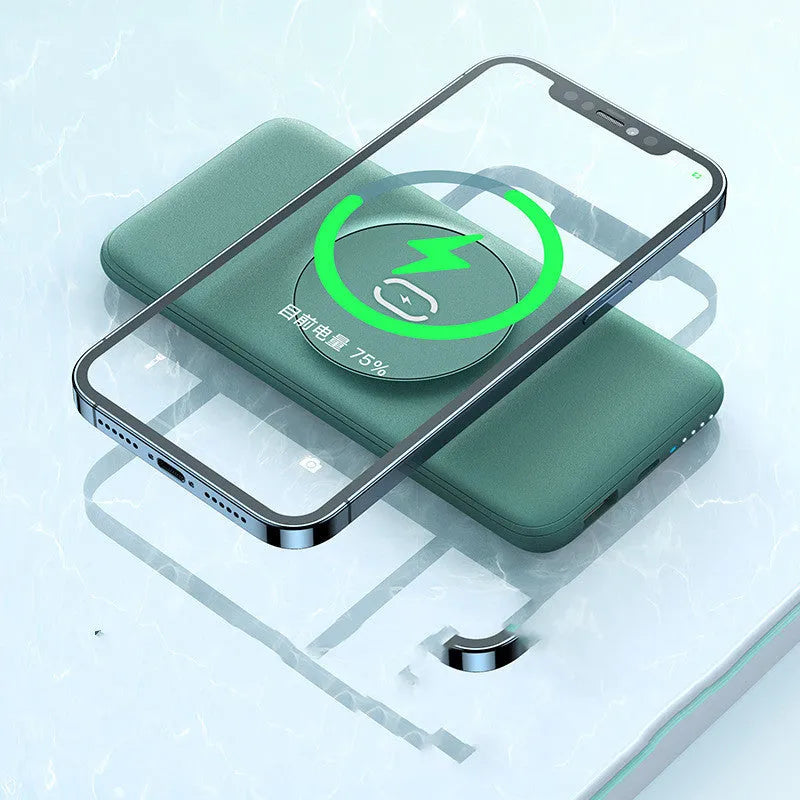 Maiduo MagSafe magnetic wireless power bank in mint green showing dimensions and back clip
