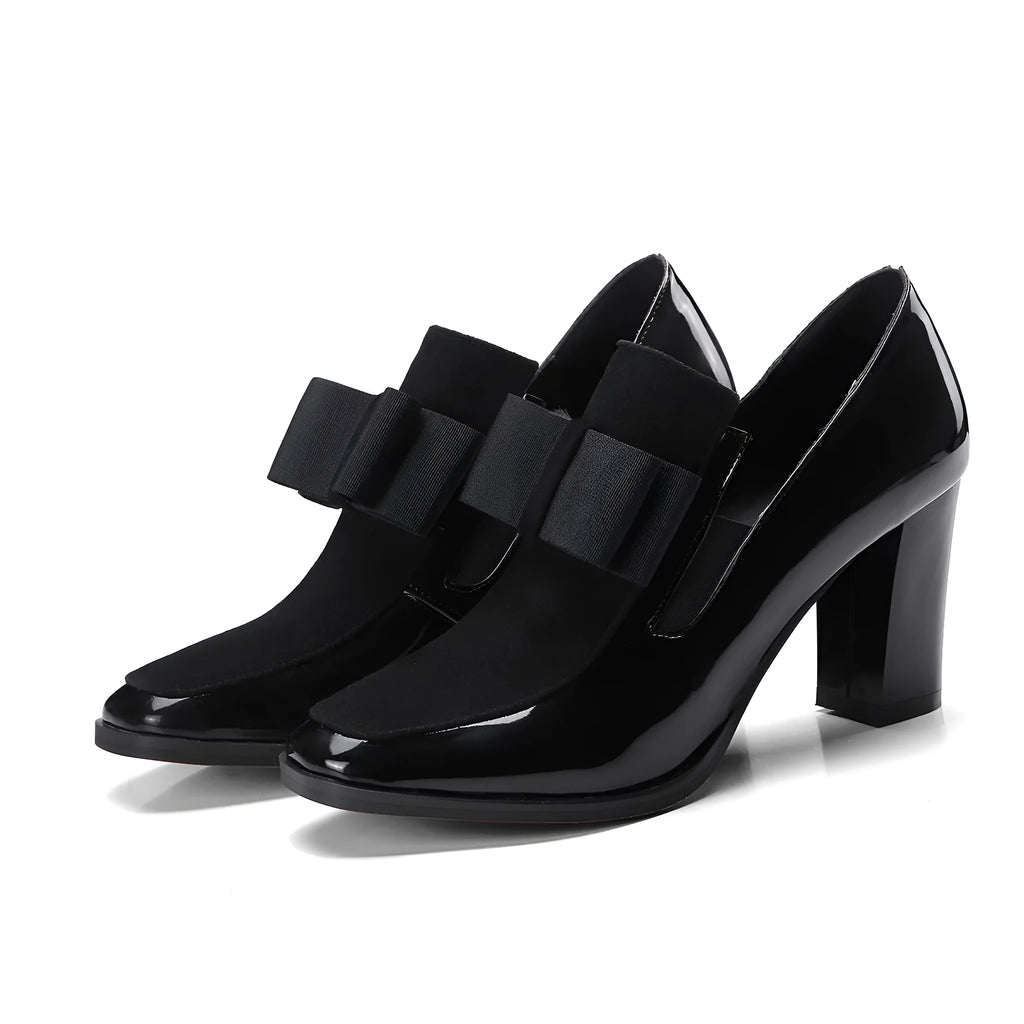 Women's black patent leather high heel shoes with thick 8cm heel and square toe design