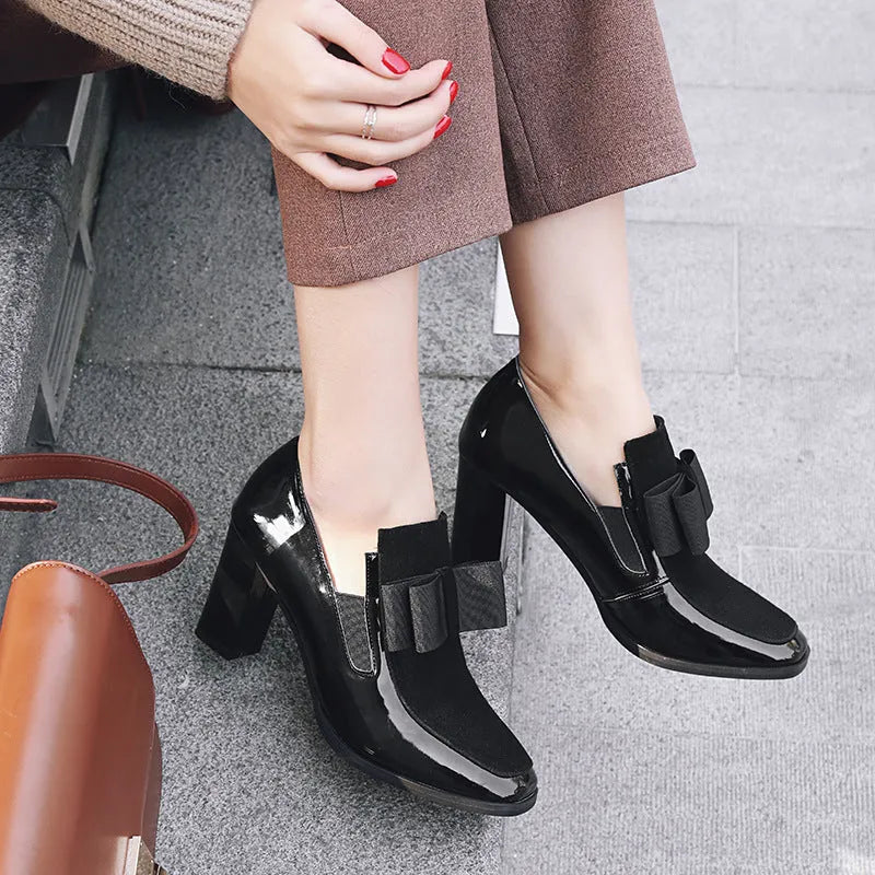 Women's black patent leather high heel shoes with thick 8cm heel and square toe design