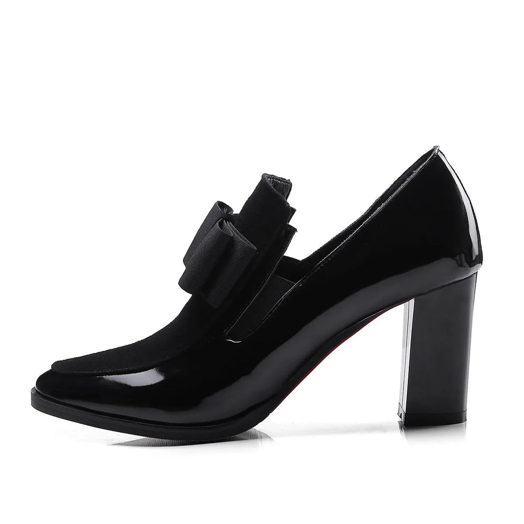 Women's black patent leather high heel shoes with thick 8cm heel and square toe design