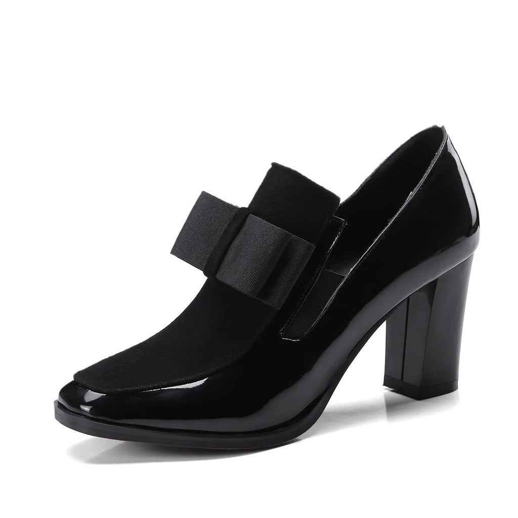 Women's black patent leather high heel shoes with thick 8cm heel and square toe design