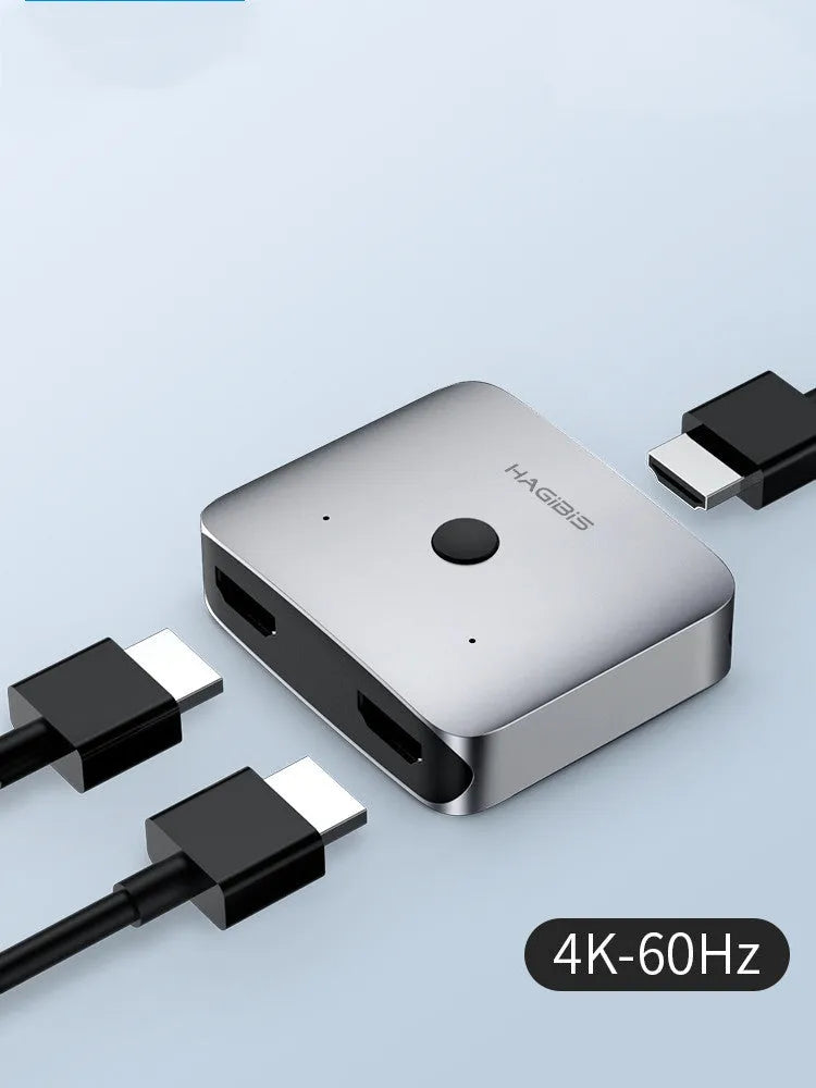 Grey Haibeisi HDMI switcher unit with two input ports and one output port for 4K video