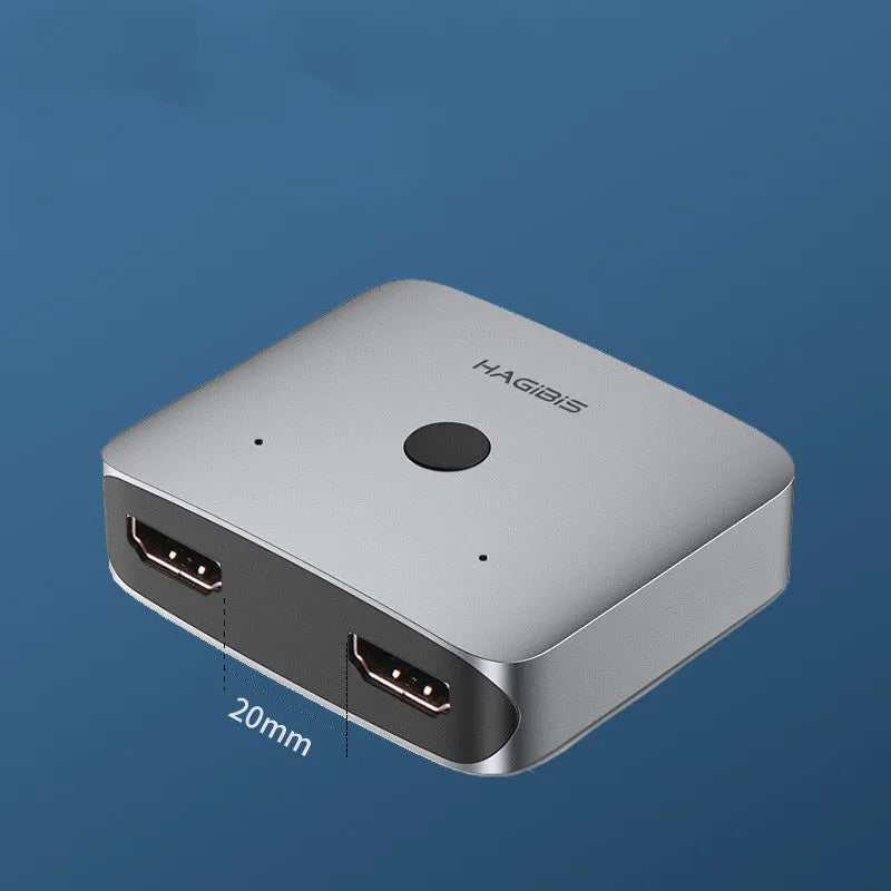 Grey Haibeisi HDMI switcher unit with two input ports and one output port for 4K video