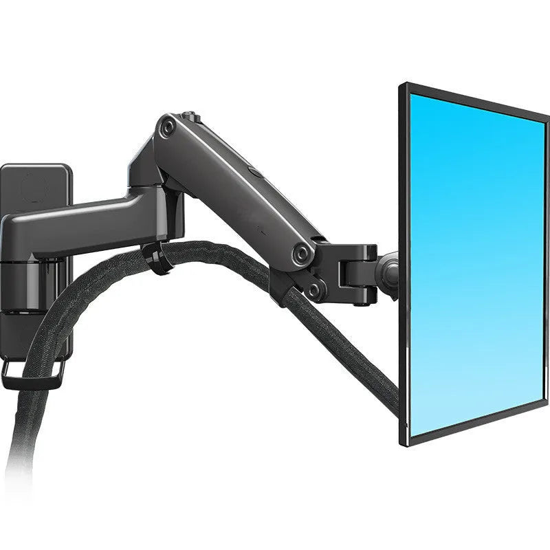 Black wall-mounted adjustable computer monitor stand with telescopic arm and rotating screen bracket.